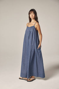 Tie Back Ankle Dress | Denim Polka Dots