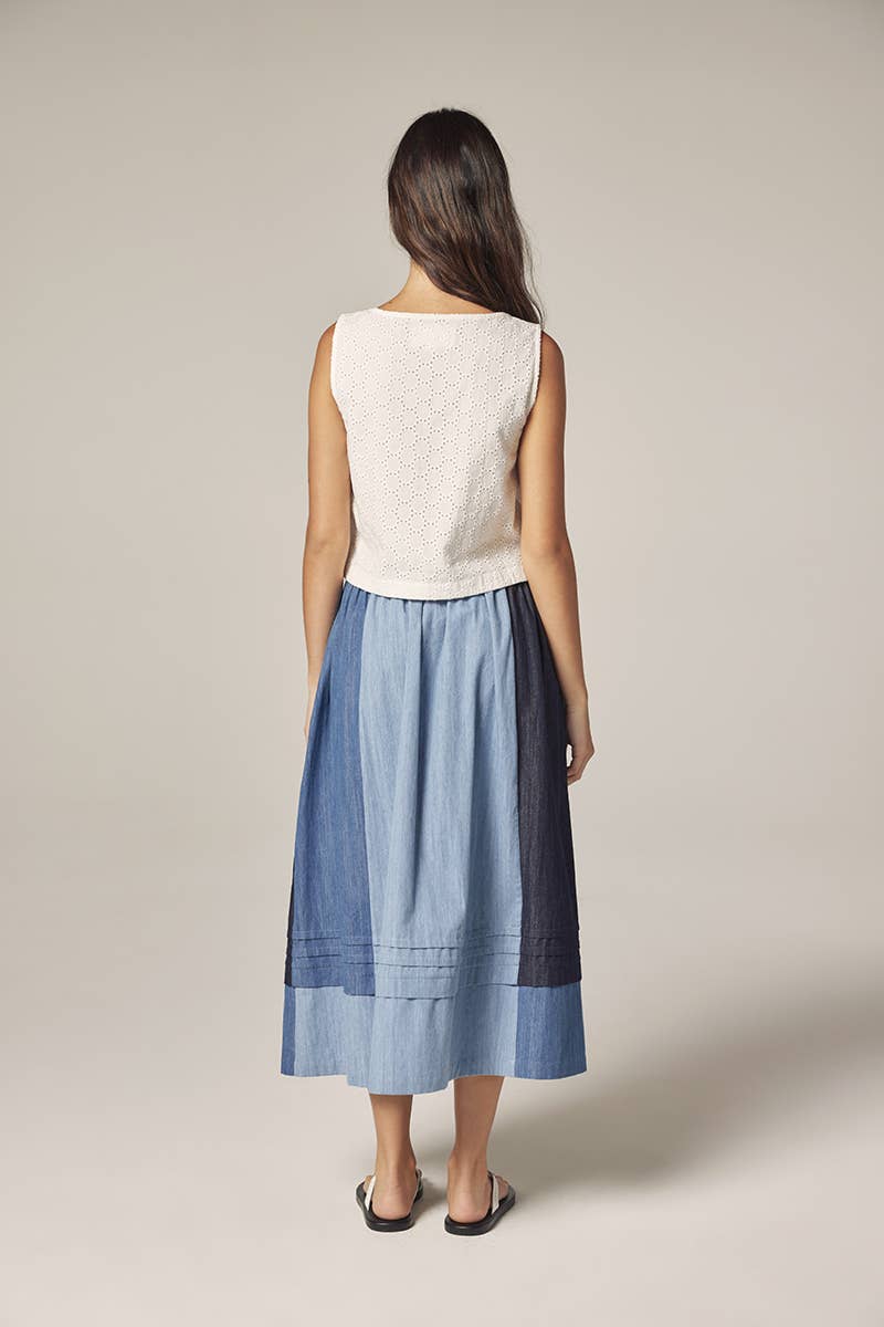 Colorblock Denim Midi Skirt
