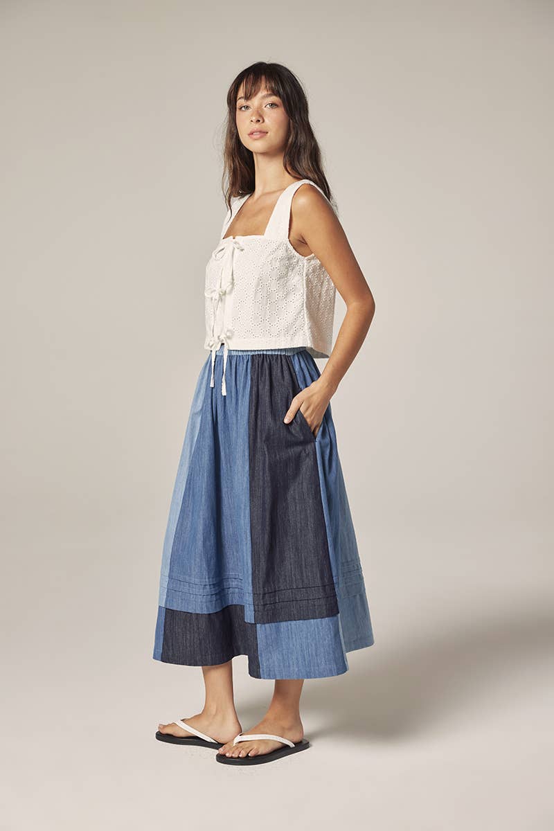 Colorblock Denim Midi Skirt