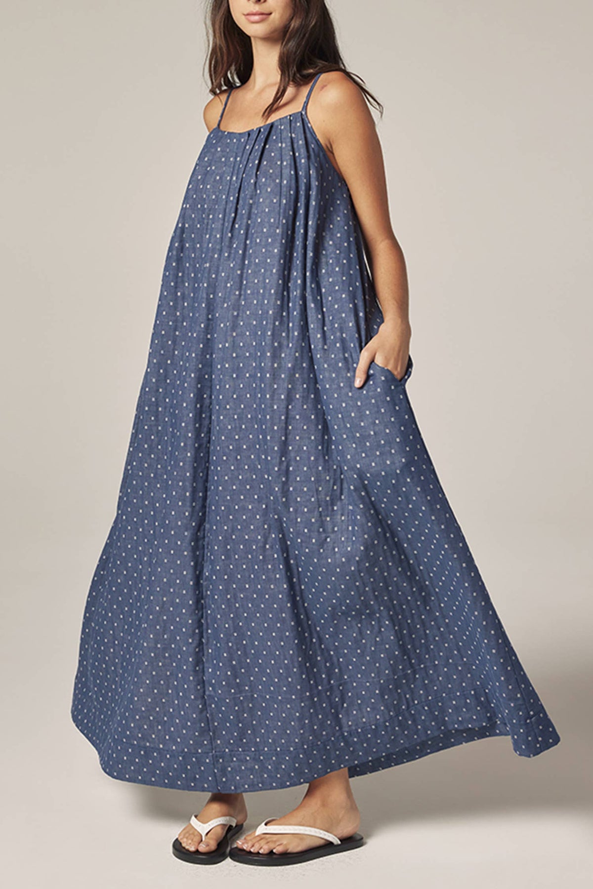 Tie Back Ankle Dress | Denim Polka Dots