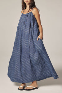 Tie Back Ankle Dress | Denim Polka Dots