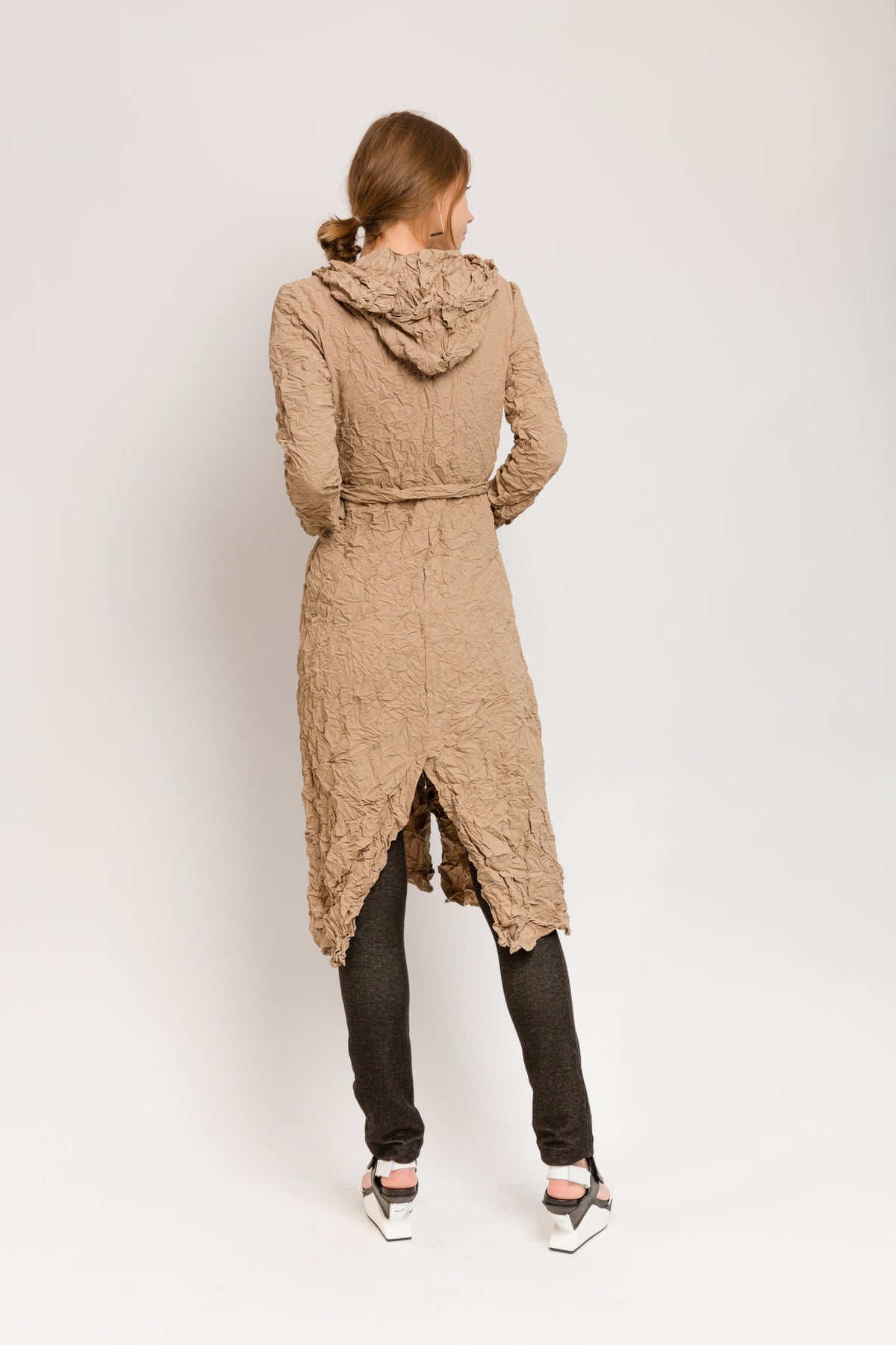 tan hooded trench coat