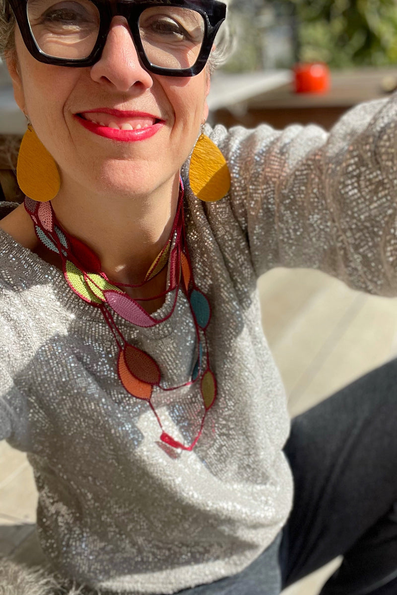 Long Oval Leaf Necklace in Red/Multi